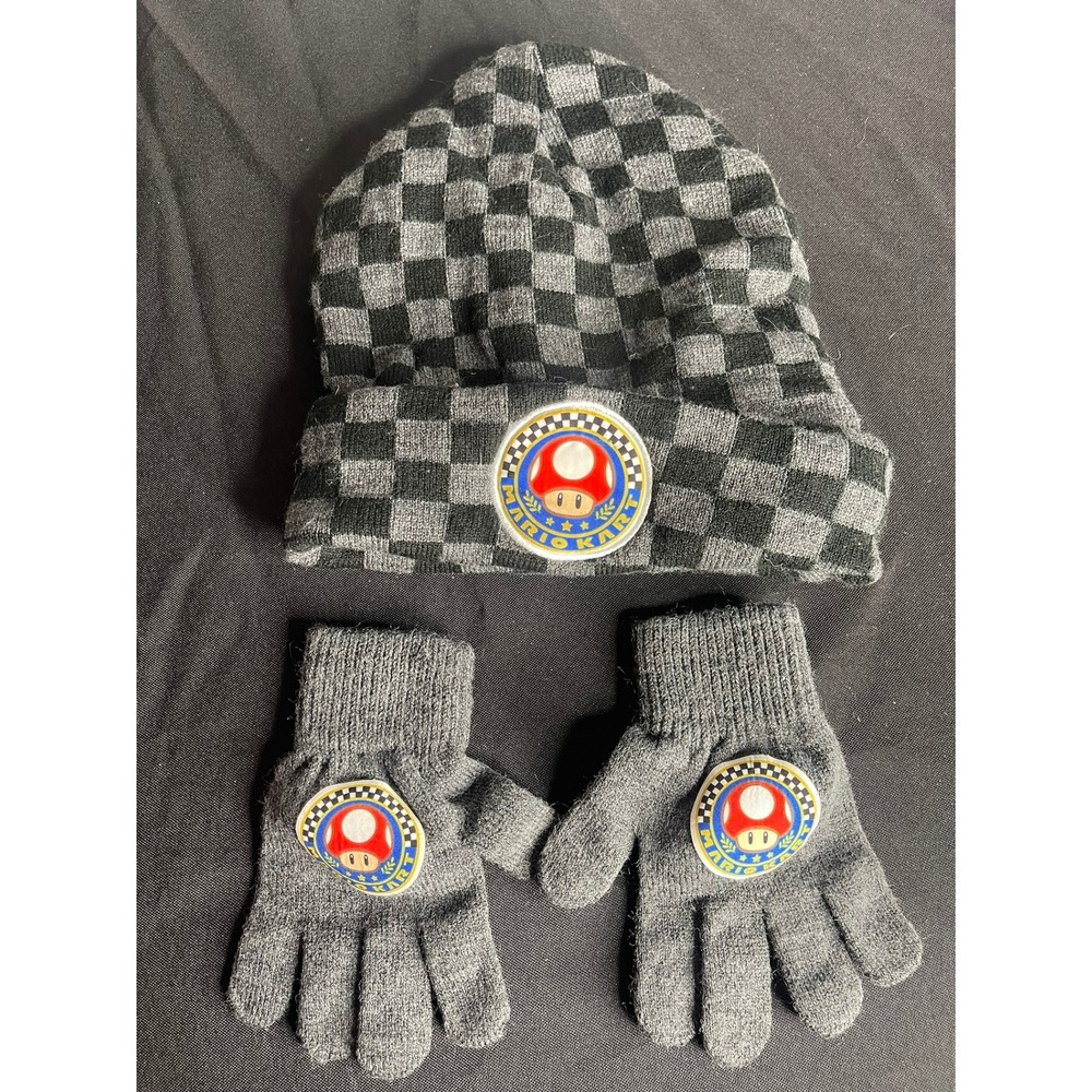 Nintendo Mario Kart Youth Beanie and Gloves Set Grey Black Checkered Mushroom